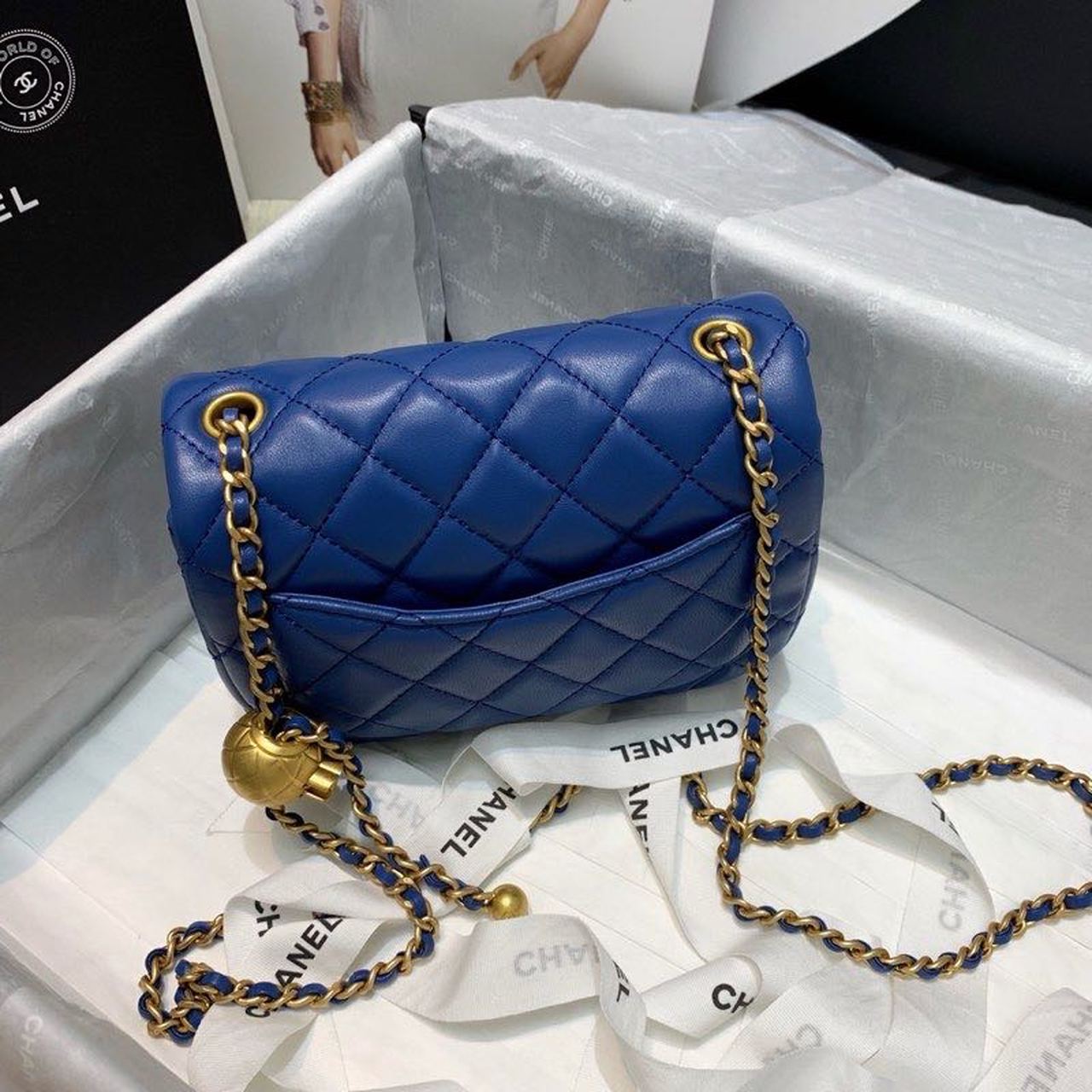 Chanel Mini Flap Bag With CC Ball On Strap Blue For Women, Women’s Handbags, Shoulder And Crossbody Bags 6.7in/17cm