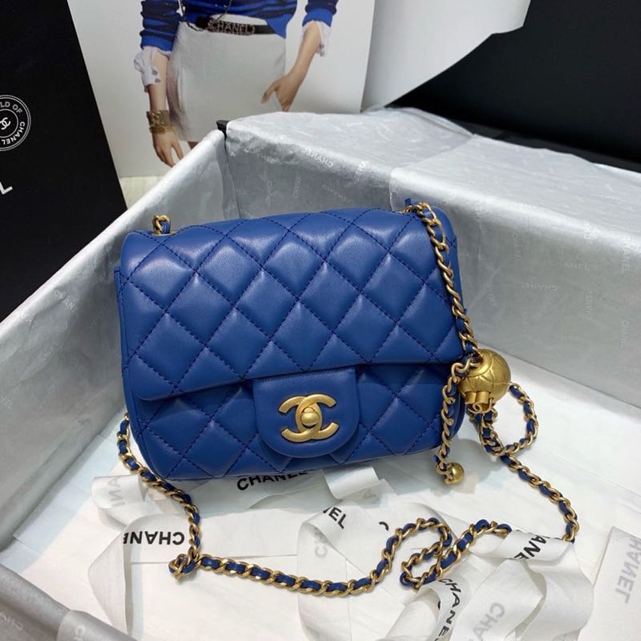 Chanel Mini Flap Bag With CC Ball On Strap Blue For Women, Women’s Handbags, Shoulder And Crossbody Bags 6.7in/17cm