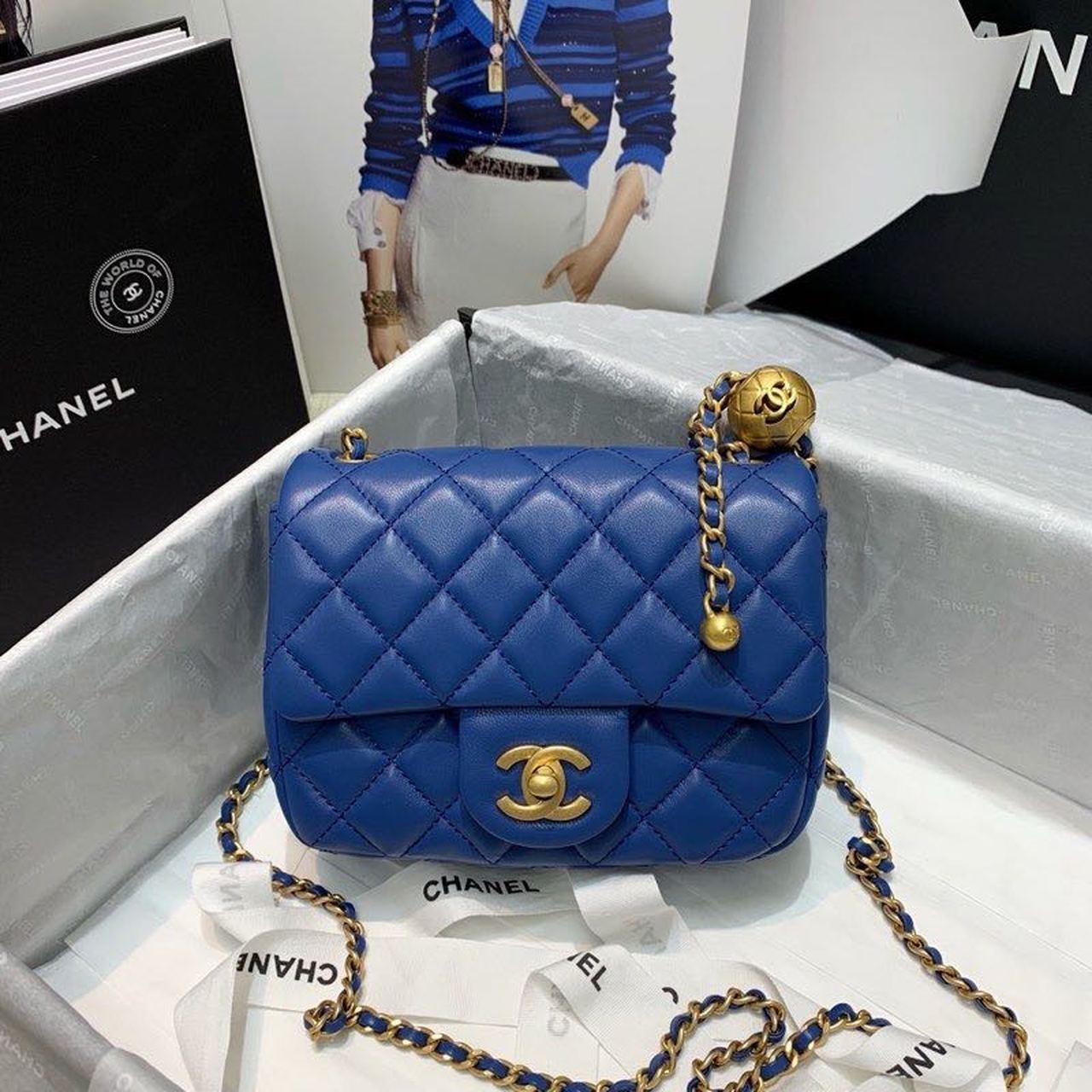 Chanel Mini Flap Bag With CC Ball On Strap Blue For Women, Women’s Handbags, Shoulder And Crossbody Bags 6.7in/17cm