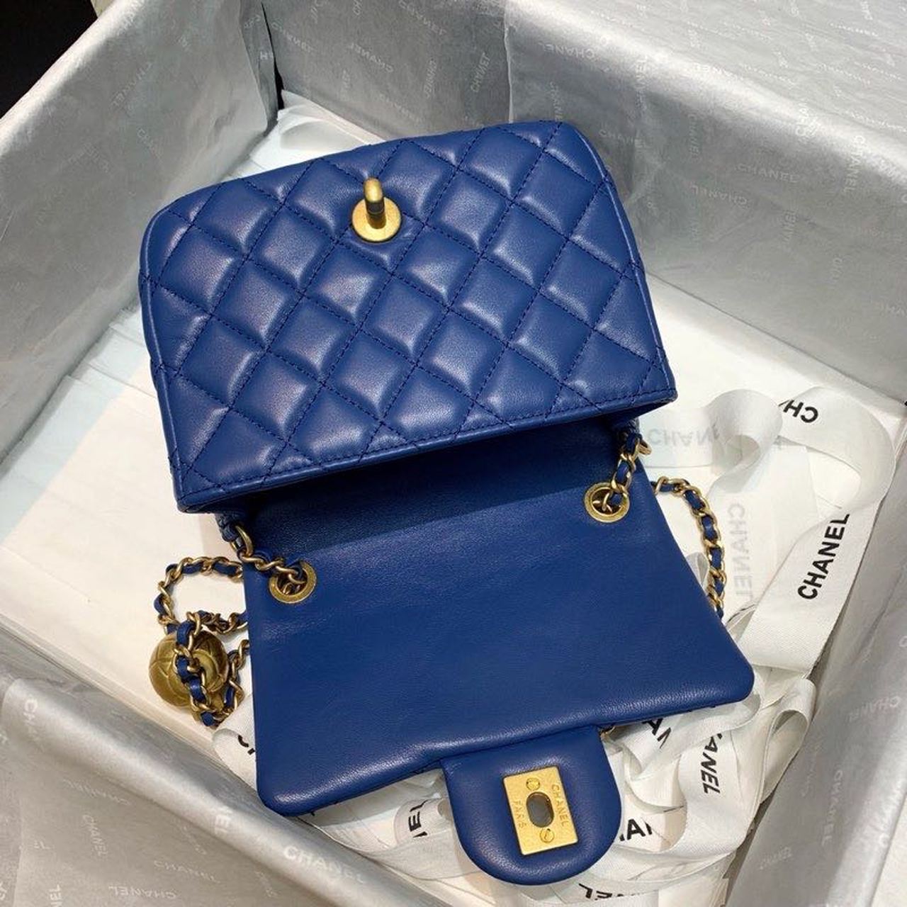 Chanel Mini Flap Bag With CC Ball On Strap Blue For Women, Women’s Handbags, Shoulder And Crossbody Bags 6.7in/17cm
