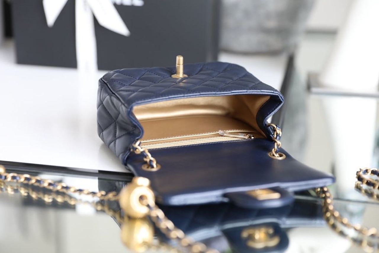 Chanel Mini Flap Bag With CC Ball On Strap Navy Blue For Women, Women’s Handbags, Shoulder And Crossbody Bags 6.7in/17cm