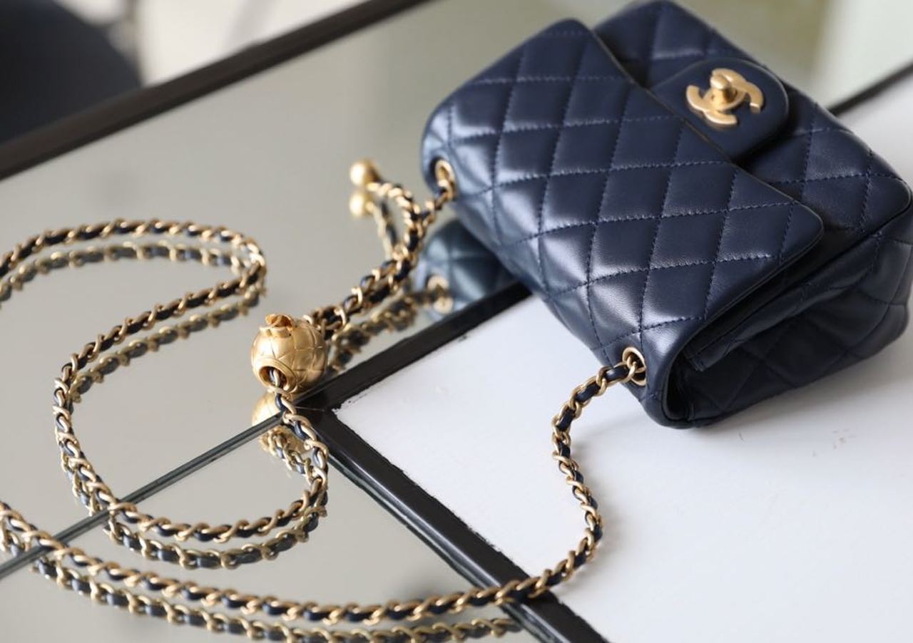 Chanel Mini Flap Bag With CC Ball On Strap Navy Blue For Women, Women’s Handbags, Shoulder And Crossbody Bags 6.7in/17cm