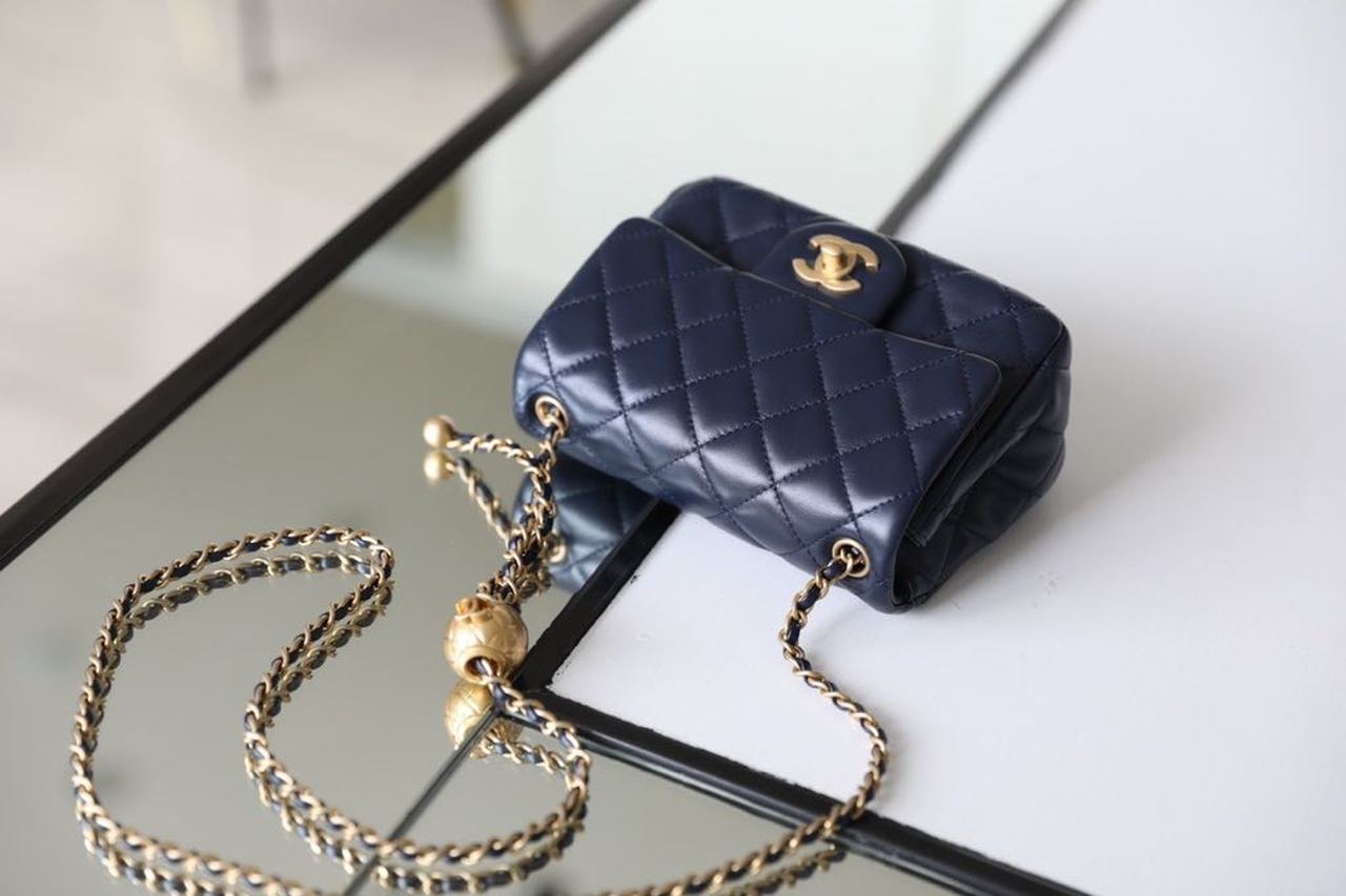 Chanel Mini Flap Bag With CC Ball On Strap Navy Blue For Women, Women’s Handbags, Shoulder And Crossbody Bags 6.7in/17cm