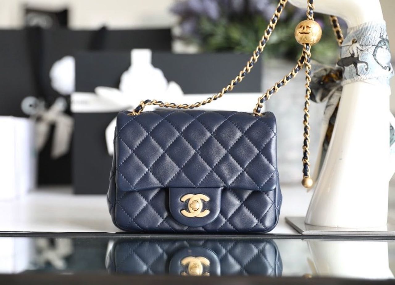 Chanel Mini Flap Bag With CC Ball On Strap Navy Blue For Women, Women’s Handbags, Shoulder And Crossbody Bags 6.7in/17cm