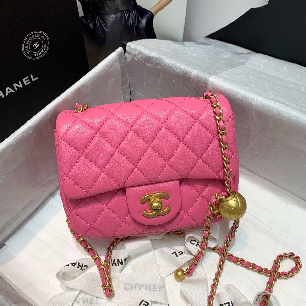 Chanel Mini Flap Bag With CC Ball On Strap Pink For Women, Women’s Handbags, Shoulder And Crossbody Bags 6.7in/17cm