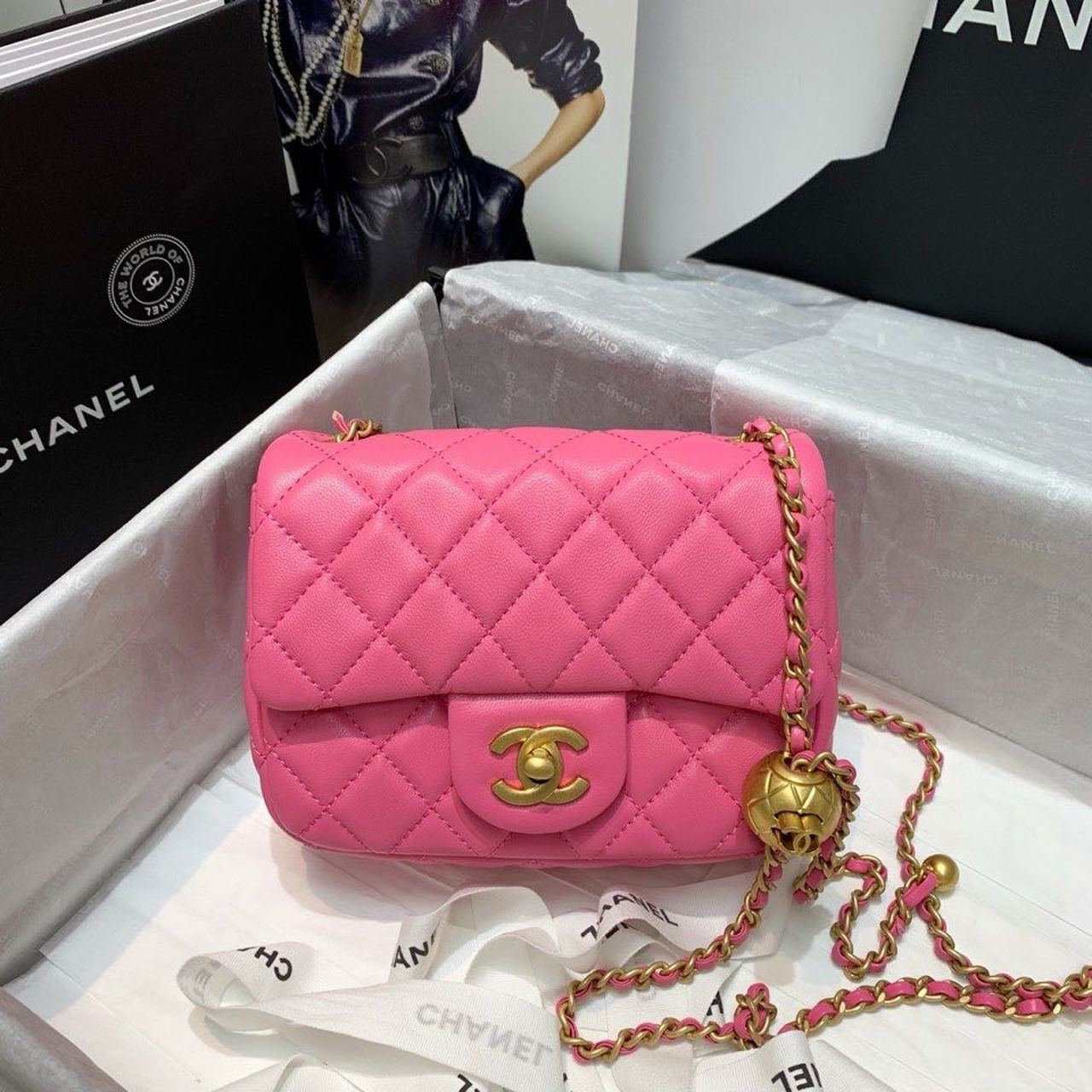 Chanel Mini Flap Bag With CC Ball On Strap Pink For Women, Women’s Handbags, Shoulder And Crossbody Bags 6.7in/17cm