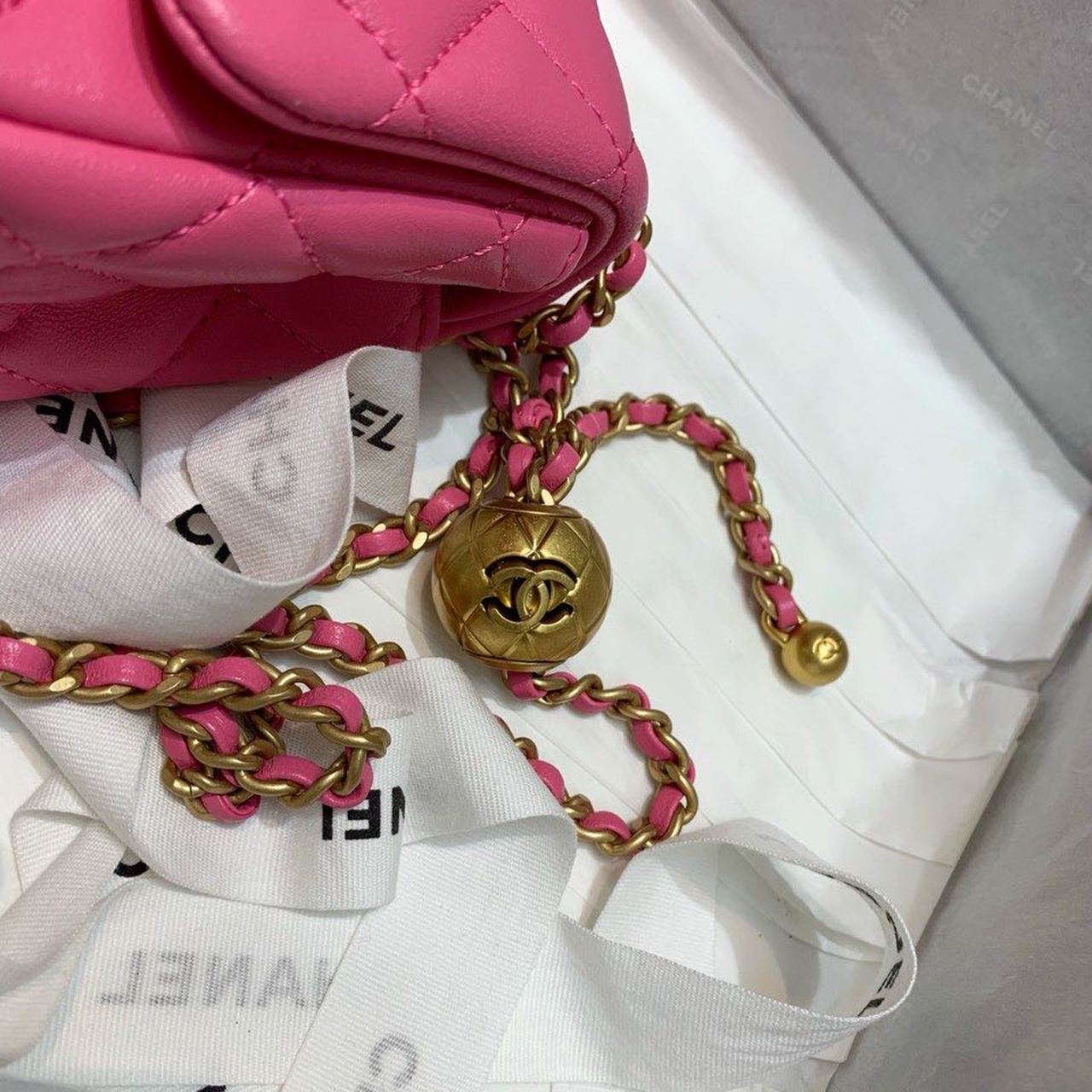 Chanel Mini Flap Bag With CC Ball On Strap Pink For Women, Women’s Handbags, Shoulder And Crossbody Bags 6.7in/17cm