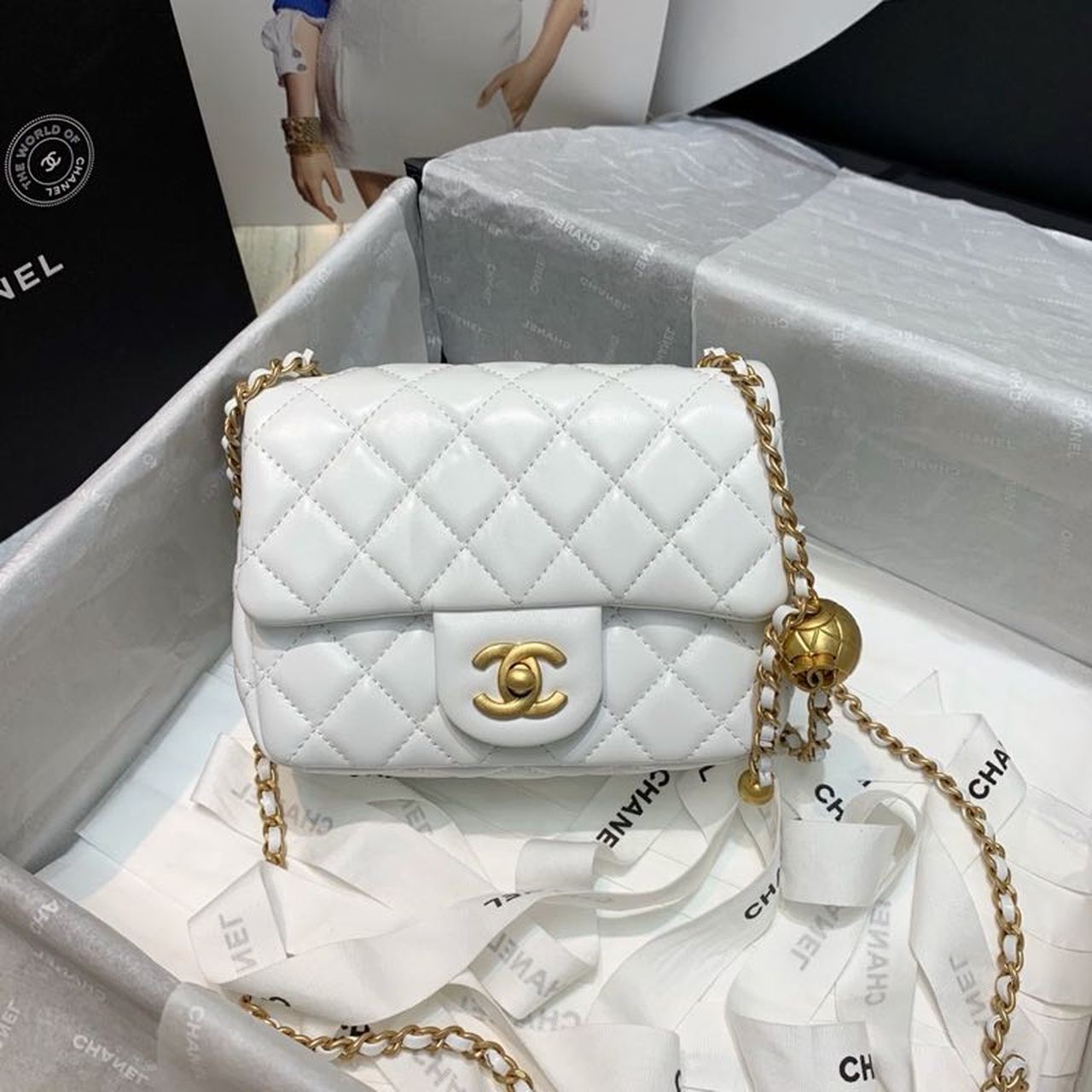 Chanel Mini Flap Bag With CC Ball On Strap White For Women, Women’s Handbags, Shoulder And Crossbody Bags 6.7in/17cm