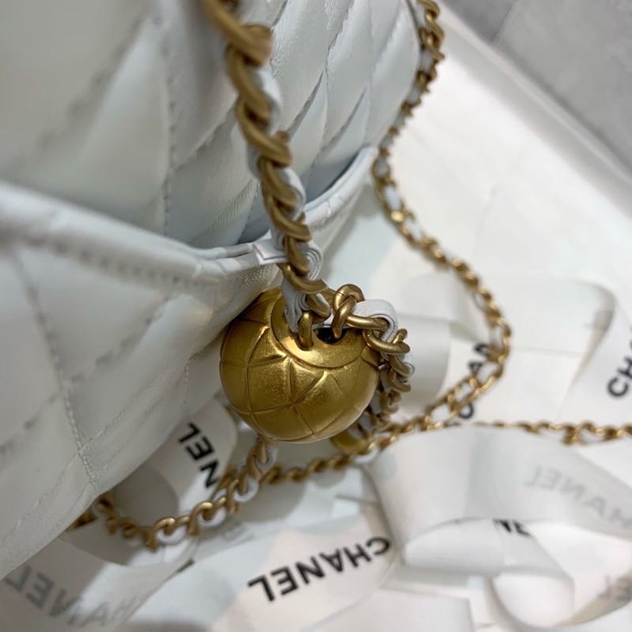Chanel Mini Flap Bag With CC Ball On Strap White For Women, Women’s Handbags, Shoulder And Crossbody Bags 6.7in/17cm