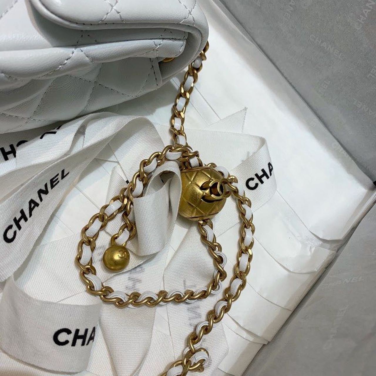 Chanel Mini Flap Bag With CC Ball On Strap White For Women, Women’s Handbags, Shoulder And Crossbody Bags 6.7in/17cm