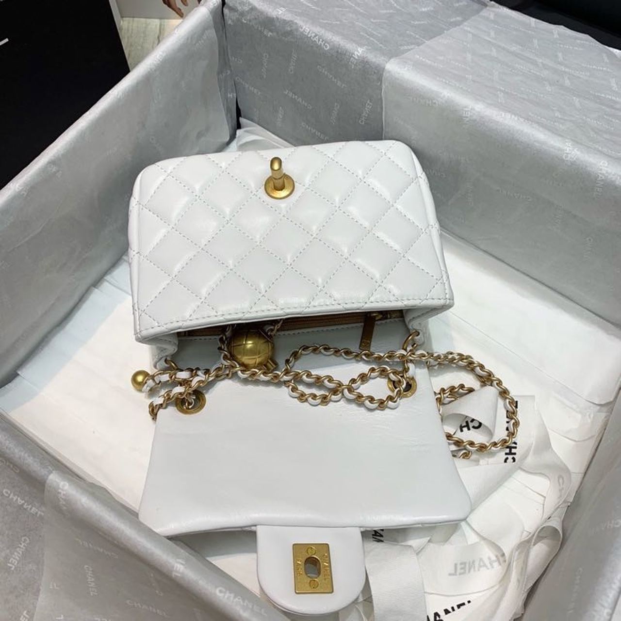 Chanel Mini Flap Bag With CC Ball On Strap White For Women, Women’s Handbags, Shoulder And Crossbody Bags 6.7in/17cm
