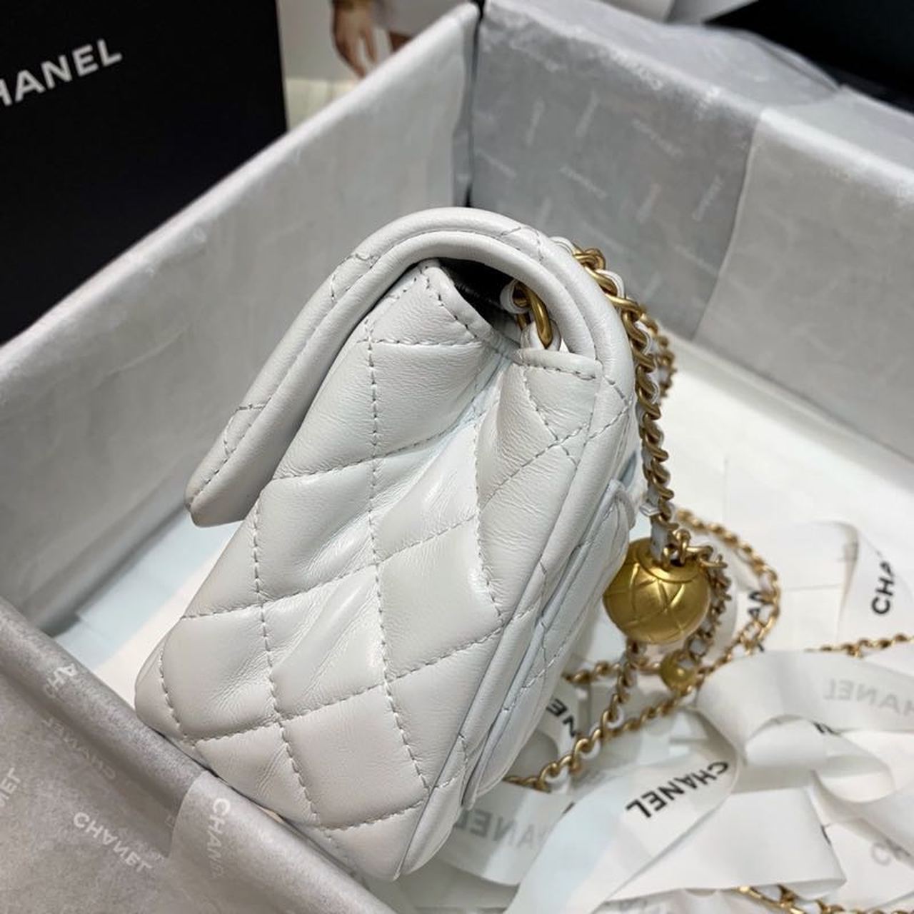 Chanel Mini Flap Bag With CC Ball On Strap White For Women, Women’s Handbags, Shoulder And Crossbody Bags 6.7in/17cm