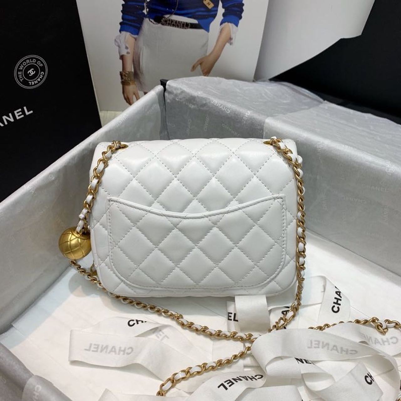 Chanel Mini Flap Bag With CC Ball On Strap White For Women, Women’s Handbags, Shoulder And Crossbody Bags 6.7in/17cm