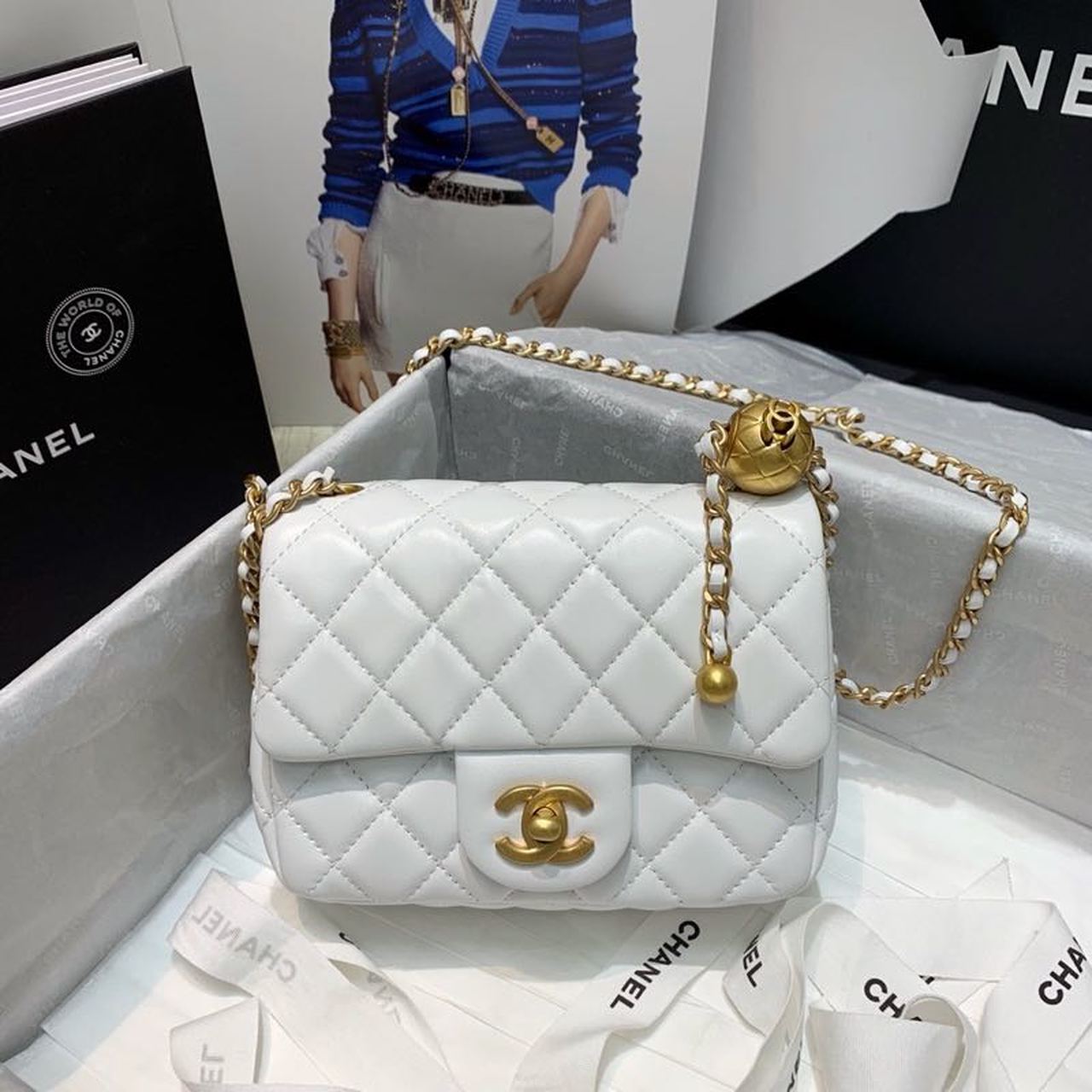 Chanel Mini Flap Bag With CC Ball On Strap White For Women, Women’s Handbags, Shoulder And Crossbody Bags 6.7in/17cm