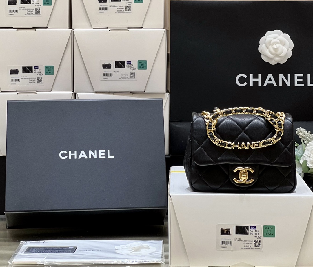 Chanel Mini Flap Bag With Top Handle Black For Women 6.6in/17cm AS3748 94305