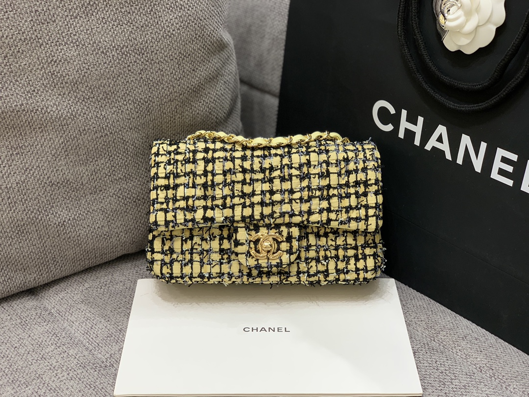 Chanel Mini Yellow Tweed Flap Bag For Women 20cm/7.5in