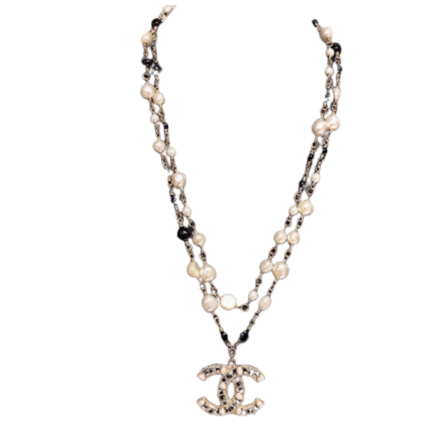 Chanel Mix Black And White Color Necklace Gold Tone For Women