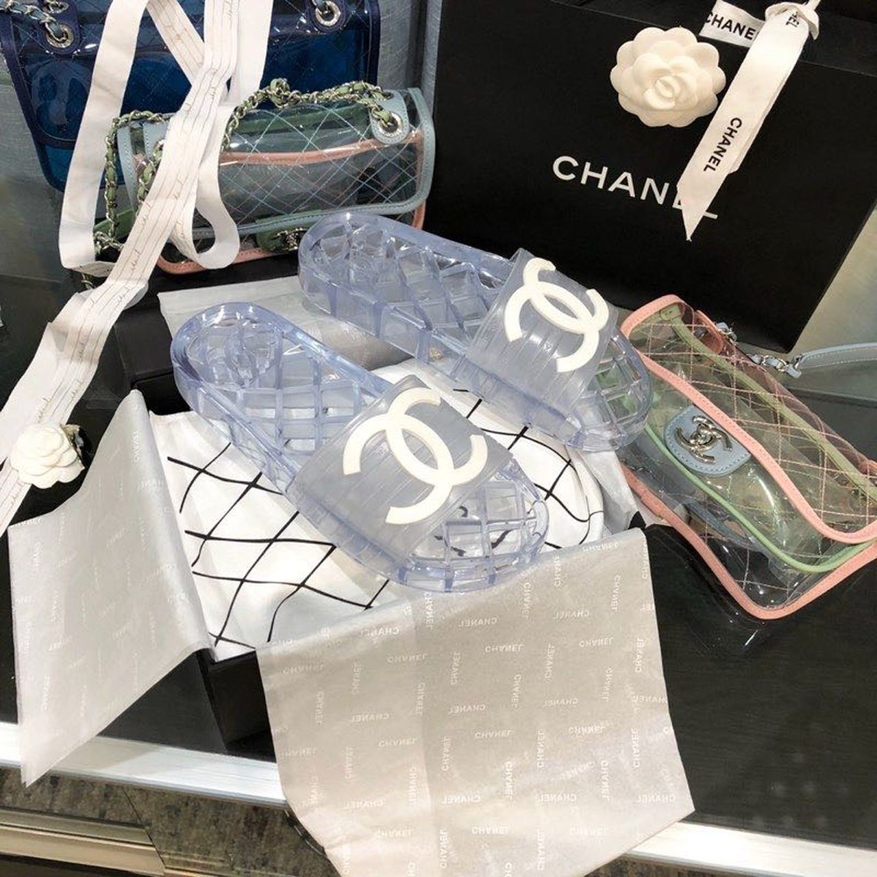 Chanel Mule Glossy Transparent CC Logo PVC Pool Clear For Women, Women’s Shoes
