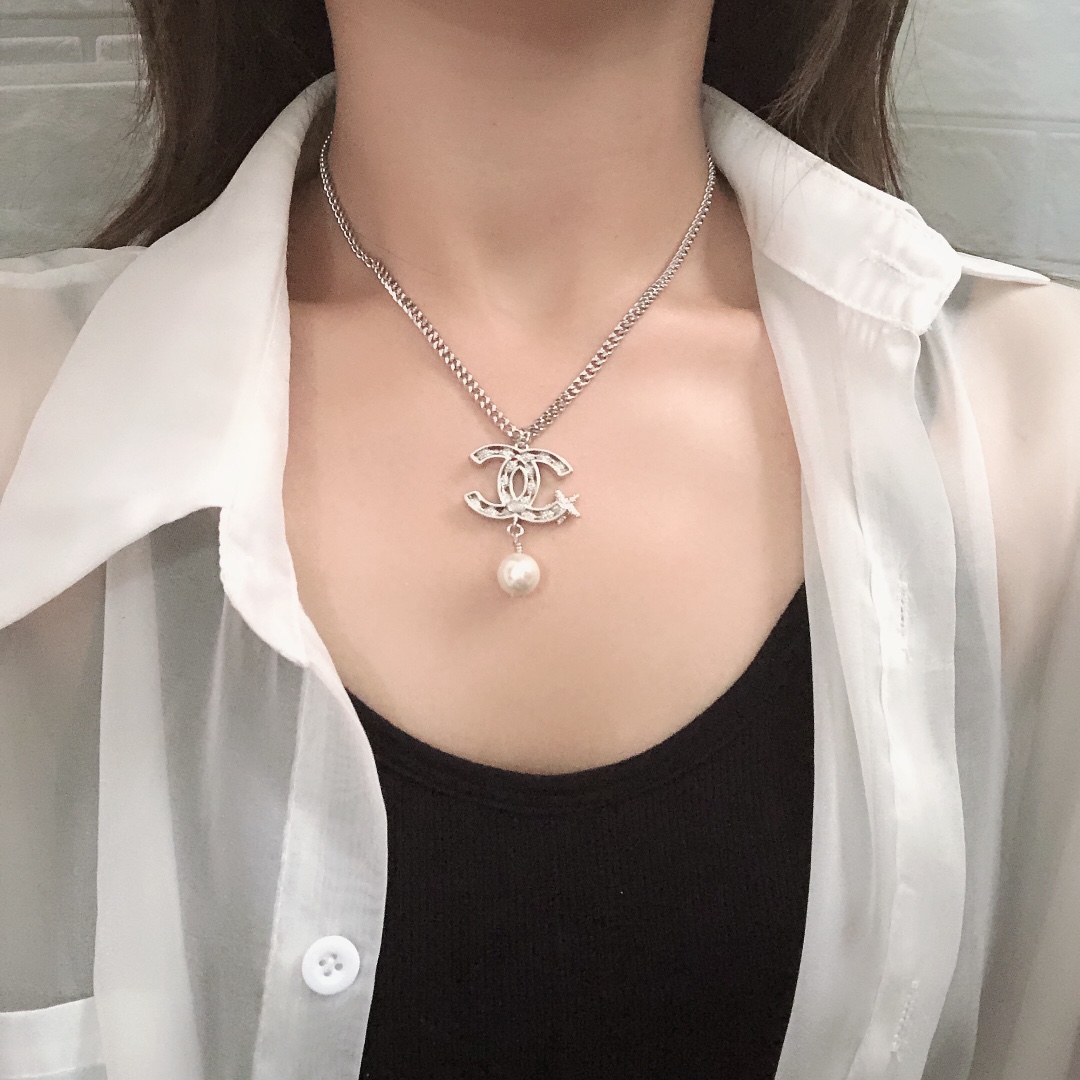 Chanel Necklace Pendant CC Silver For Women