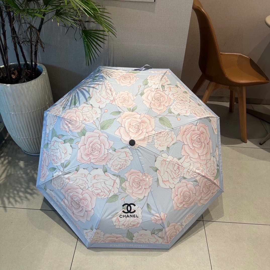Chanel Nylon With Flower Folding Umbrella Light Blue