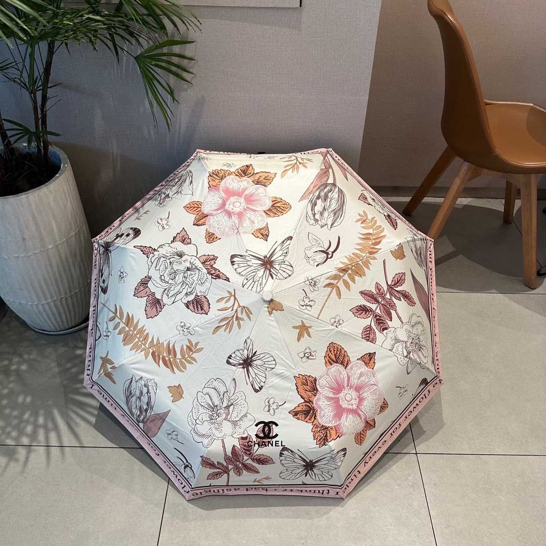 Chanel Nylon With Flower Folding Umbrella White