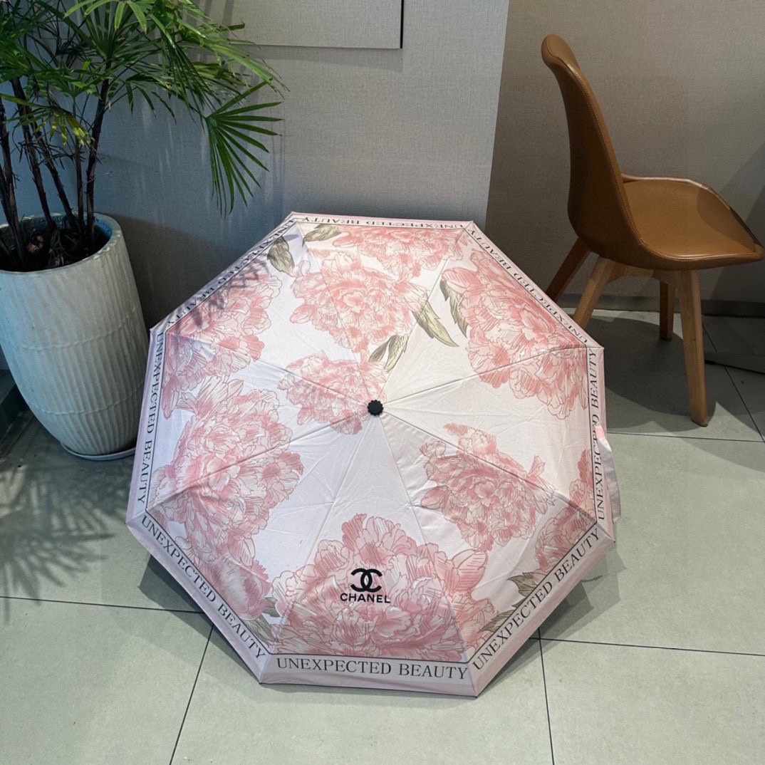 Chanel Nylon With Flower Folding Umbrella White