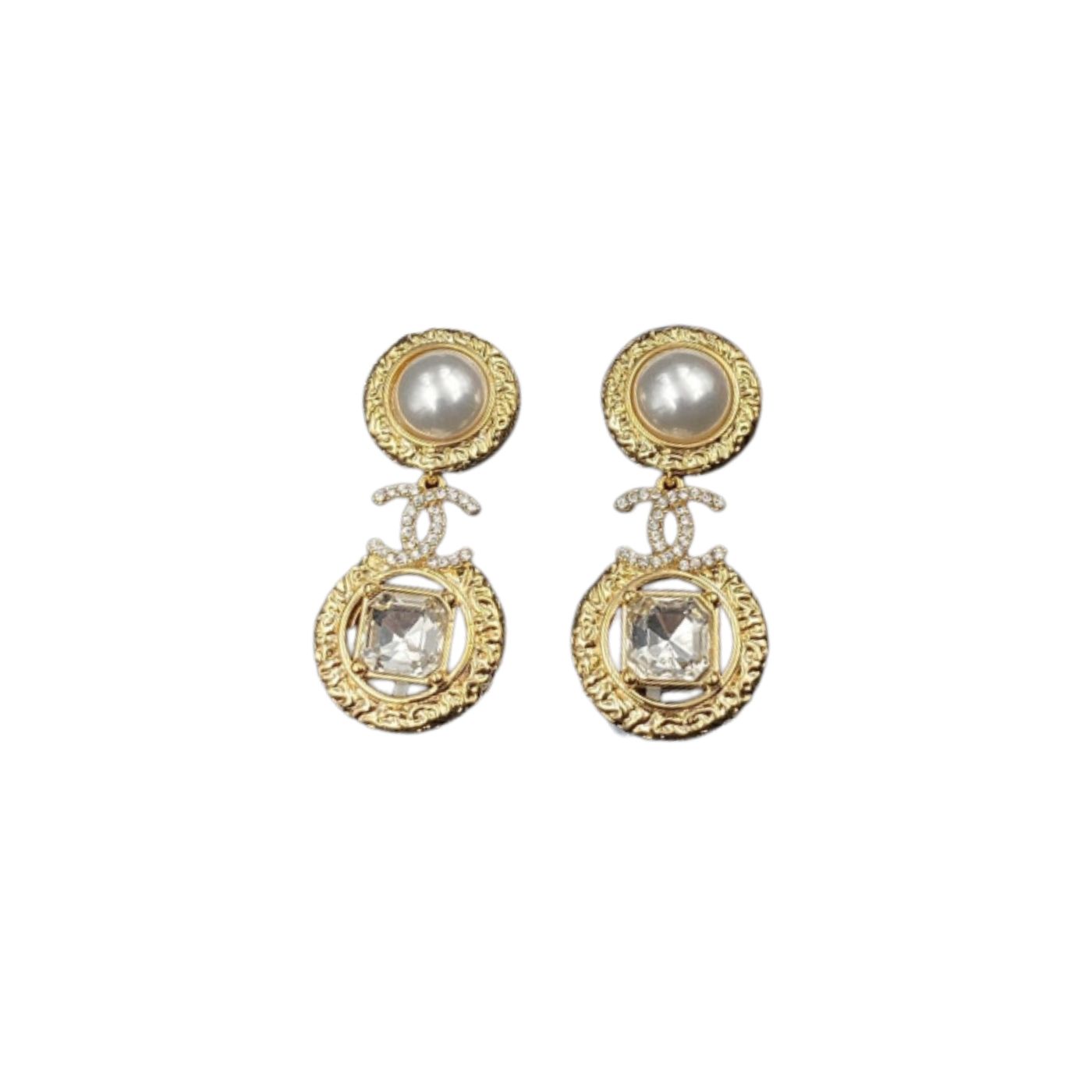 Chanel Pearl And Sparkling Stone Earrings Gold Tone For Women