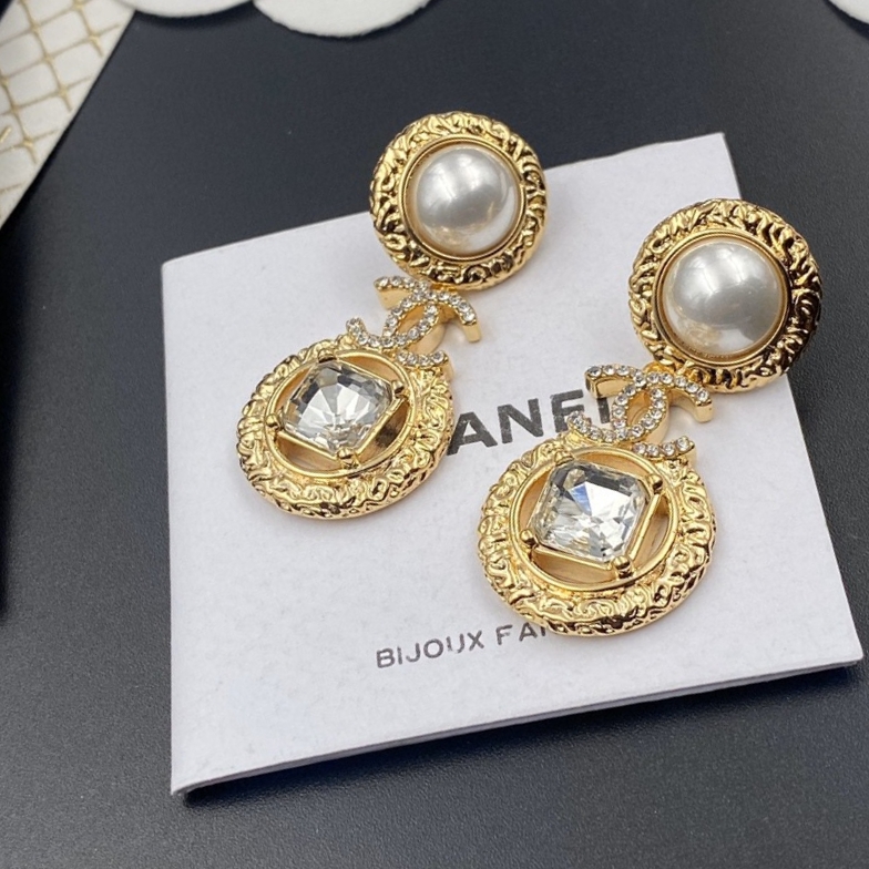 Chanel Pearl And Sparkling Stone Earrings Gold Tone For Women
