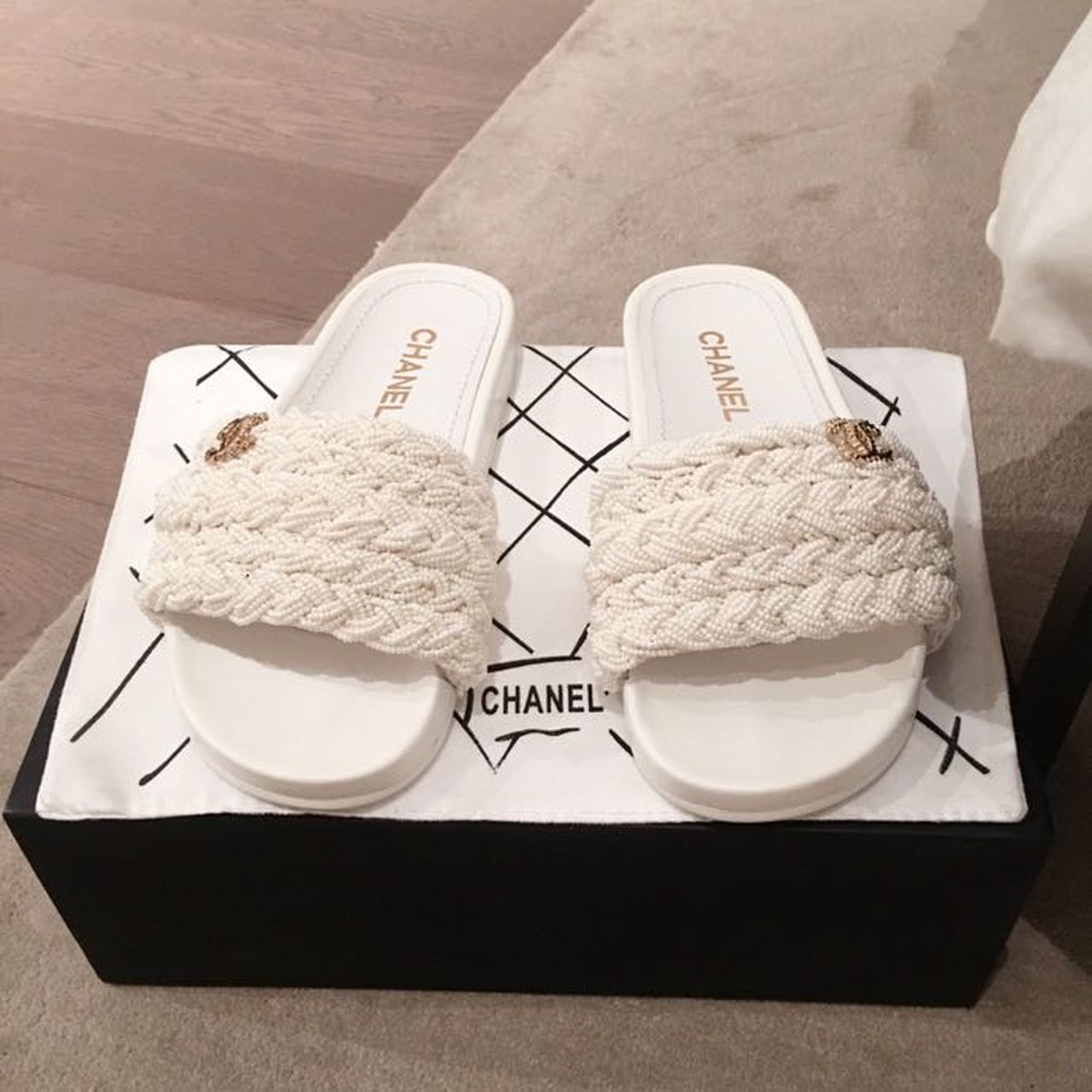 Chanel Pearl Beaded Embellished Sandals White For Women, Women’s Shoes