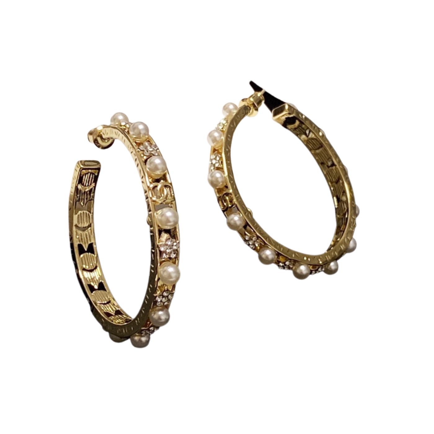Chanel Pearl Diamond Earrings Gold For Women