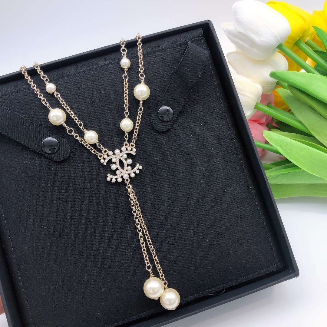 Chanel Pearl Double C Rice Beads Large And Small Necklace Gold For Women