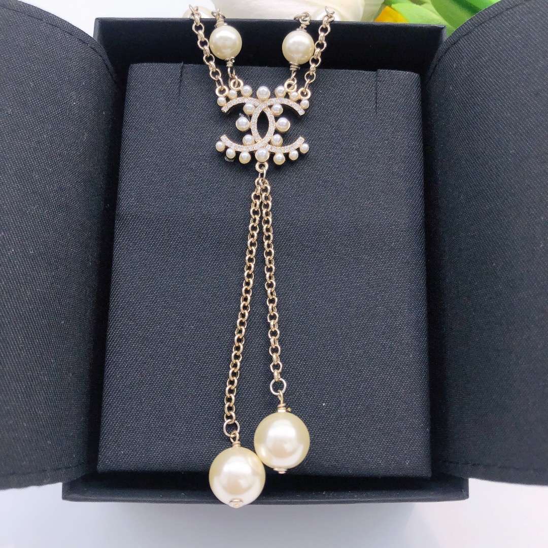 Chanel Pearl Double C Rice Beads Large And Small Necklace Gold For Women