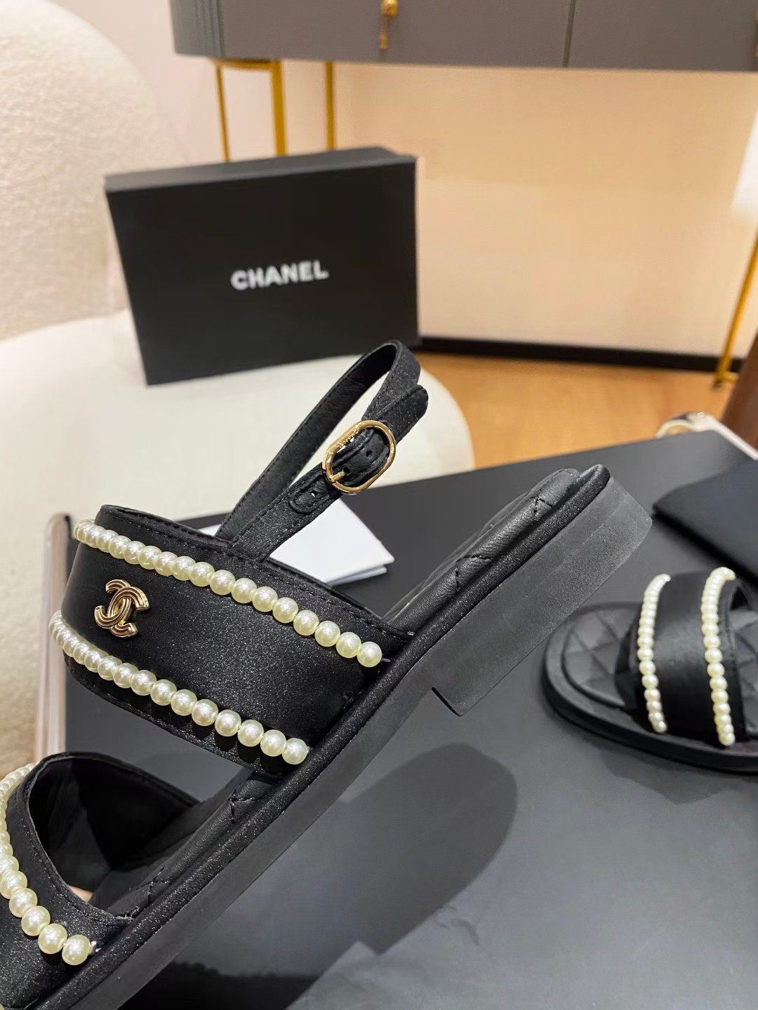 Chanel Pearl Flat Sandals Black For Women