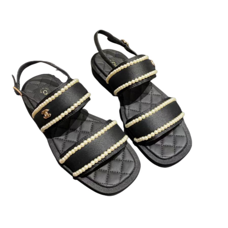 Chanel Pearl Flat Sandals Black For Women