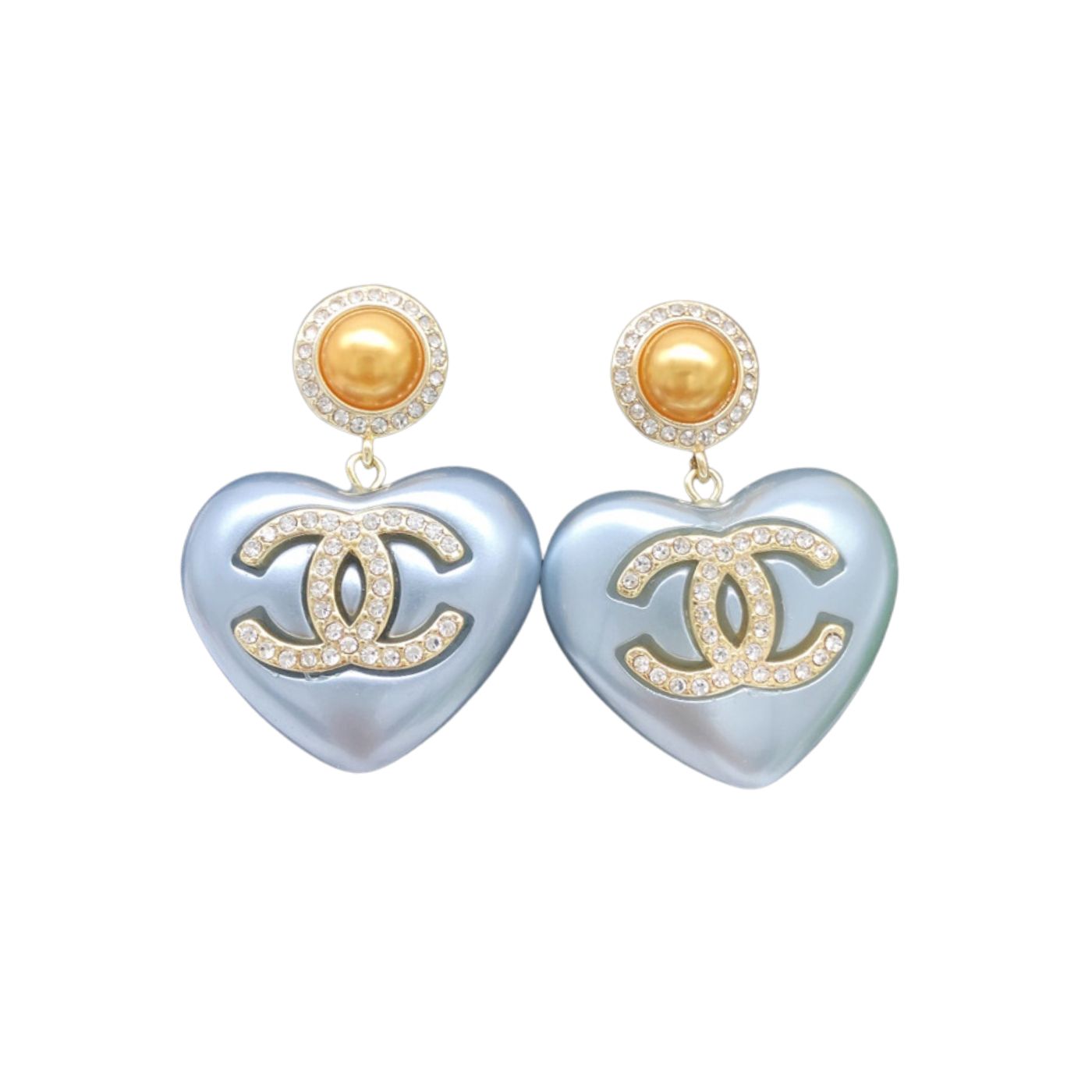 Chanel Pearl Heart Earrings Light Blue For Women