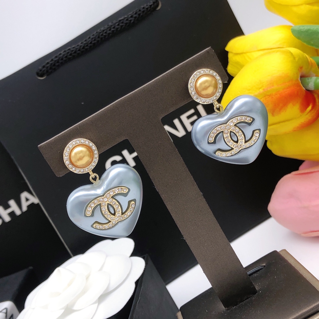 Chanel Pearl Heart Earrings Light Blue For Women
