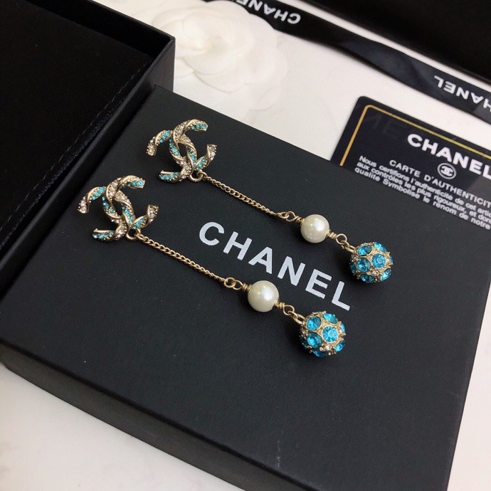 Chanel Pearl Long Earrings Jade Green For Women