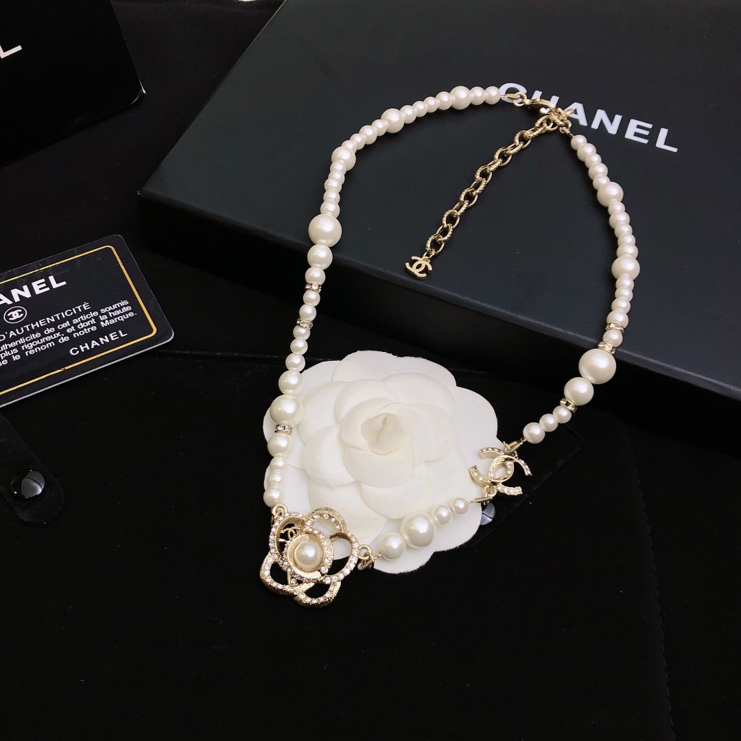 Chanel Pearl Necklace With Flower Gold Tone For Women