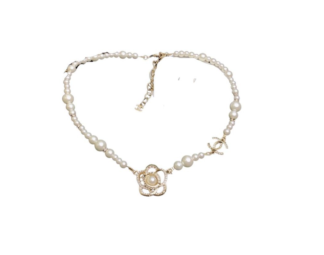 Chanel Pearl Necklace With Flower Gold Tone For Women