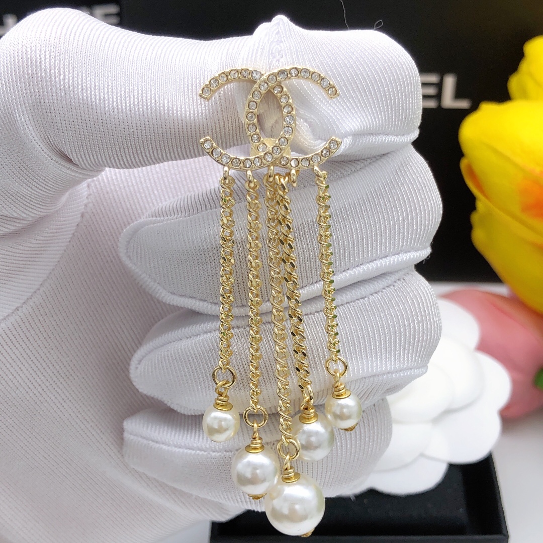 Chanel Pearl Tassel Stud Earrings Gold For Women