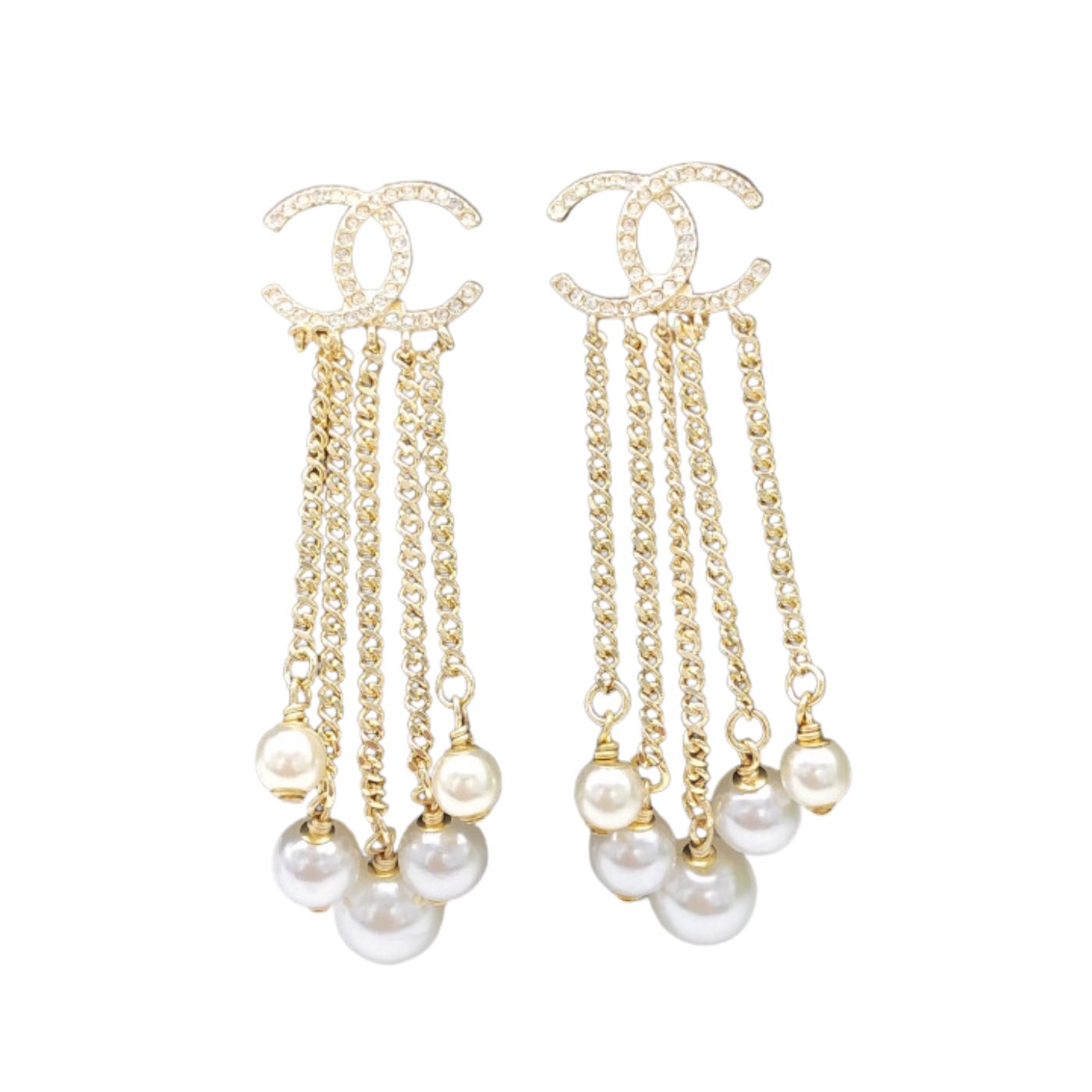 Chanel Pearl Tassel Stud Earrings Gold For Women