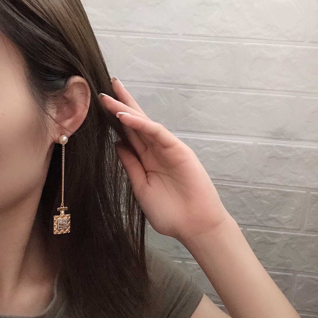 Chanel Perfume Bottle Heart Earrings Gold For Women