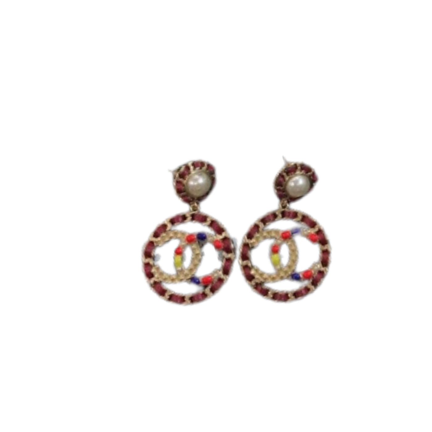 Chanel Pink Border Earrings Gold Tone For Women