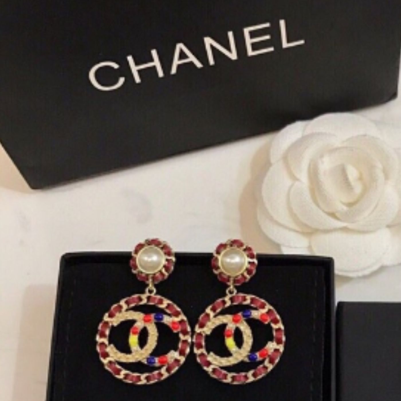 Chanel Pink Border Earrings Gold Tone For Women
