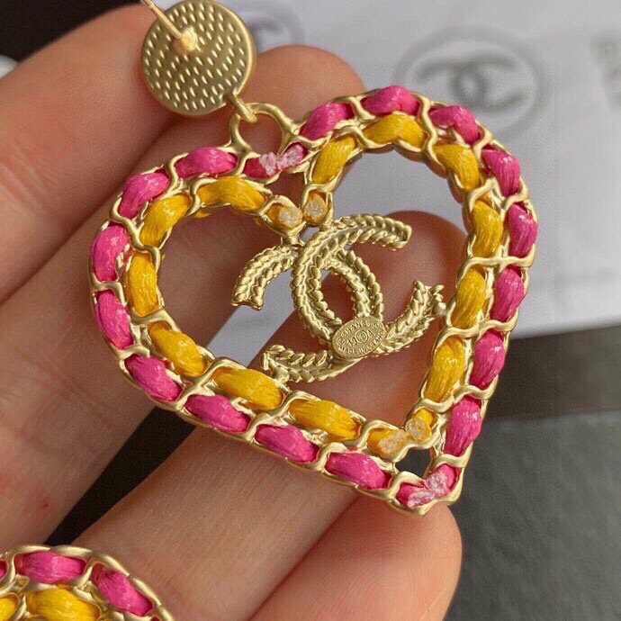 Chanel Pink Yellow Borders Heart Earrings Gold Tone For Women
