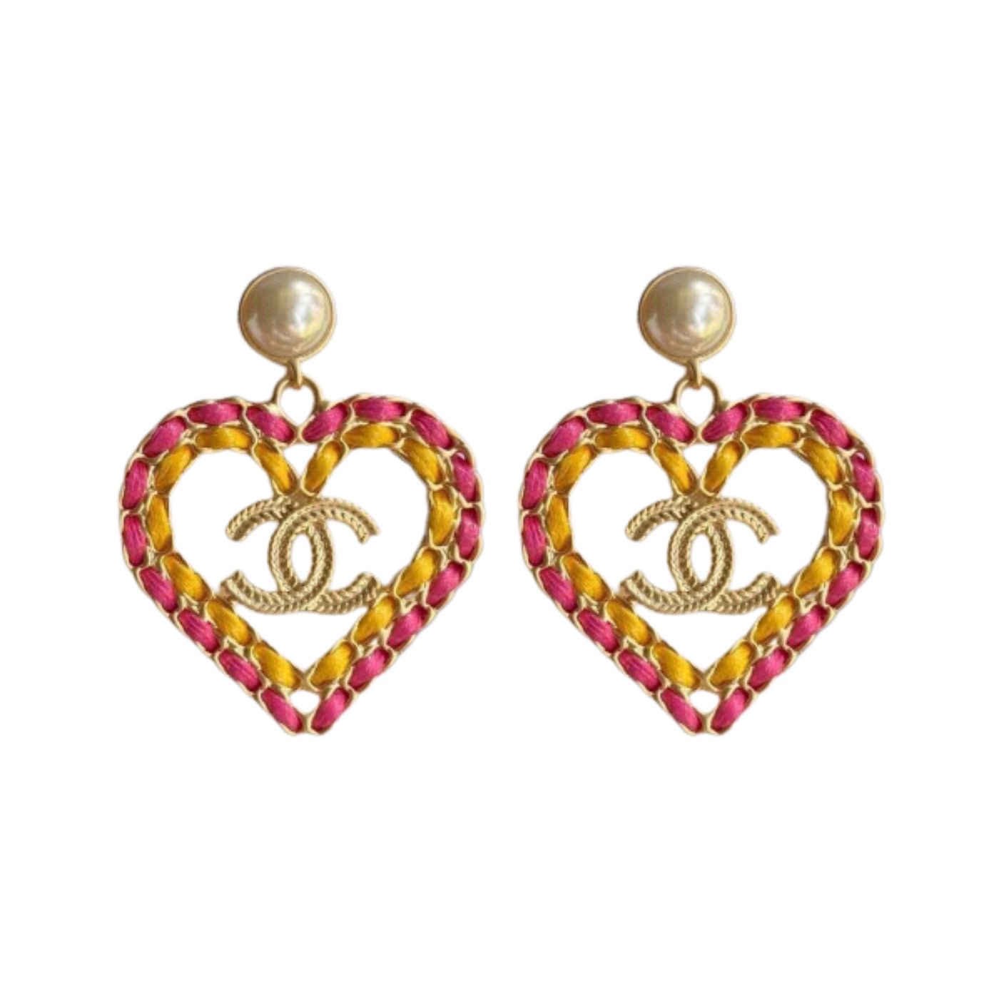 Chanel Pink Yellow Borders Heart Earrings Gold Tone For Women