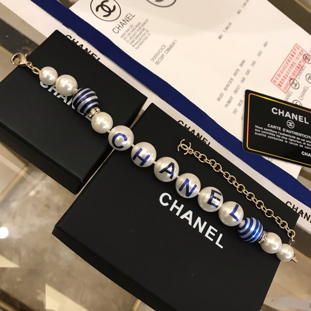 Chanel Printed Blue C-H-A-N-E-L Bracelet Gold Tone For Women