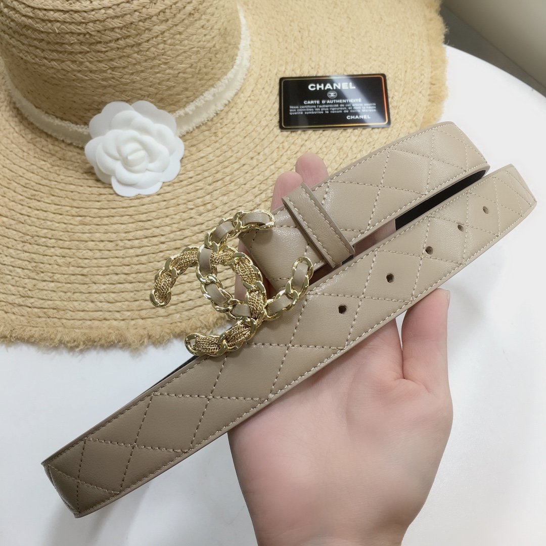 Chanel Quilted Belt With Double C Buckle Beige with Gold mix Beige Hardware Women Belt