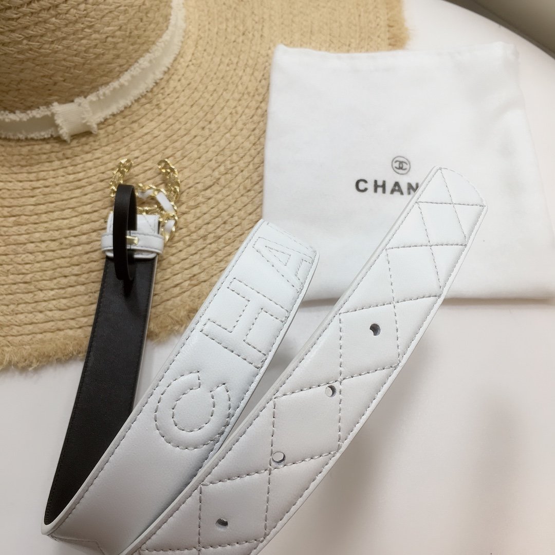 Chanel Quilted Belt With Double C Buckle White with Gold mix White Hardware Women Belt