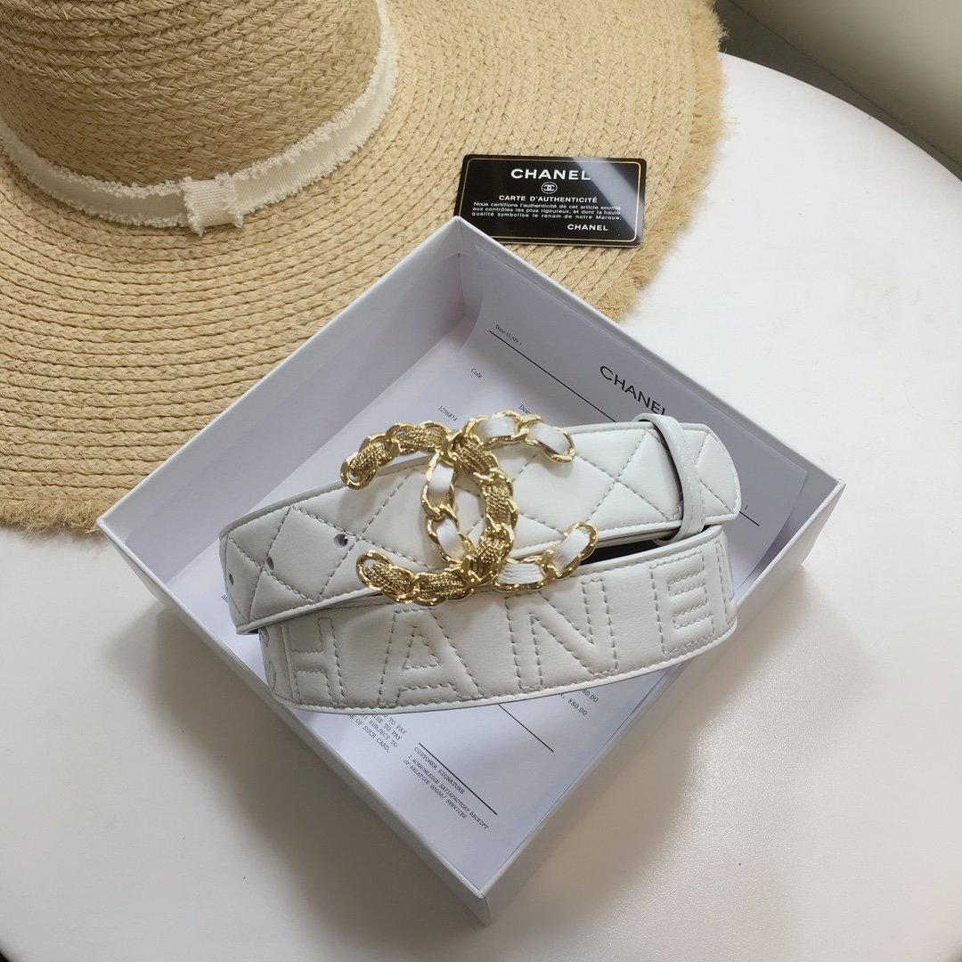 Chanel Quilted Belt With Double C Buckle White with Gold mix White Hardware Women Belt